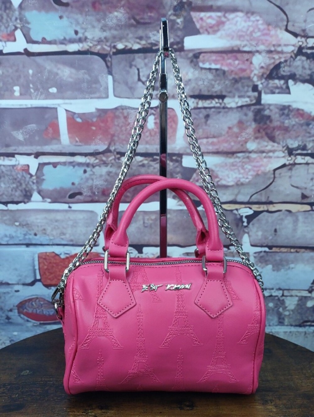 Betsey Johnson "Eiffel Tower" Mini Boston Crossbody Satchel with Chain Strap